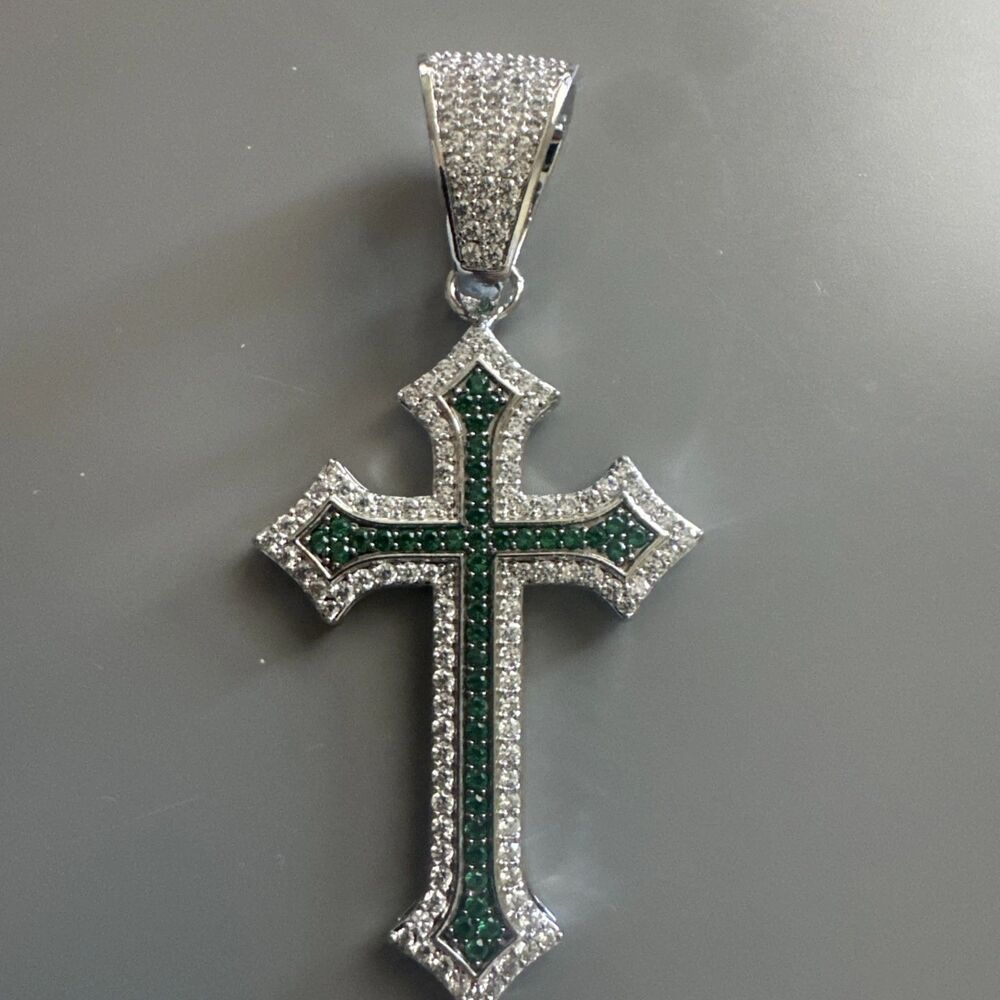 Silver Plated Green Cubic Zirconia Cross Pendant 24 Inch Necklace Unisex Hip Hop